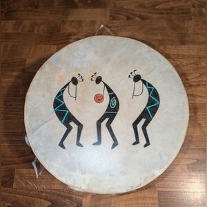 Native American Two Sided Rawhide Drum w Handpainted Signed L. Gould